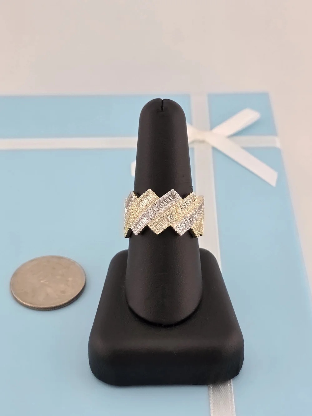 Sterling Silver 925 Dipped In Gold Chevron Baguette Ring
